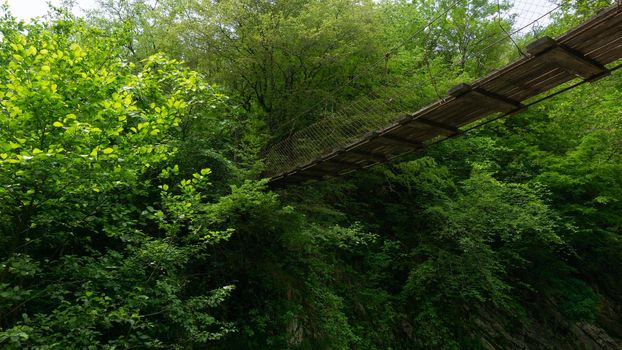 Wooden suspension bridge in the green forest. Berendeyevo Tsarstvo, Sochi, Russia.