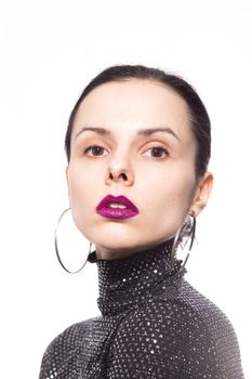 brunette woman with purple lips, white background. High quality photo