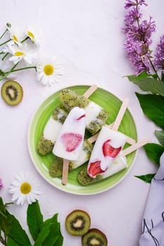 Homemade Yogurt Ice Cream with stawberry and kiwi on a plate
