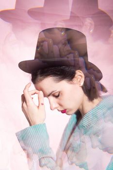 art portrait, woman with pink lipstick in black hat and corduroy jacket. High quality photo