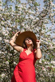 Spring concept. Nature.Young caucasian woman in red dress and summer hat enjoying the flowering of an apple trees, walking in spring apple gardens
