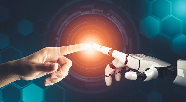 3D rendering futuristic droid robot technology development, artificial intelligence AI, and machine learning concept. Global robotic bionic science research for future of human life.