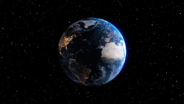 Planet earth with realistic geography surface and orbital 3D cloud atmosphere . Outer space view of world globe sphere of continents . 3D rendering graphic . Elements of this image furnished by NASA .