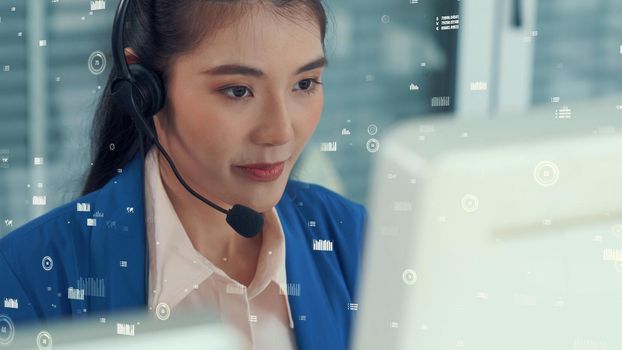 Customer support call center provide data with envisional graphic . Business and communication technology concept .