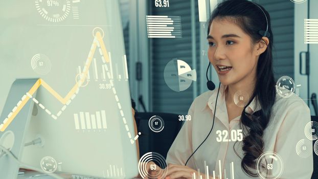 Customer support call center provide data with envisional graphic . Business and communication technology concept .