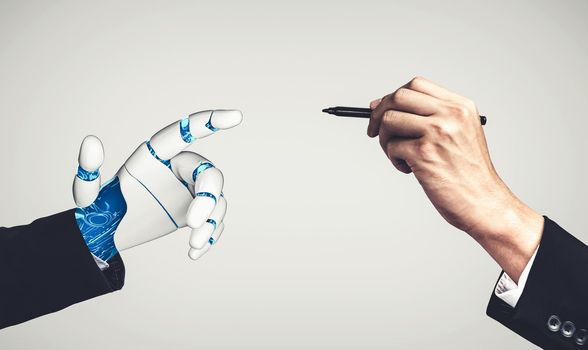 3D rendering artificial intelligence AI research of droid robot and cyborg development for future of people living. Digital data mining and machine learning technology design for computer brain.