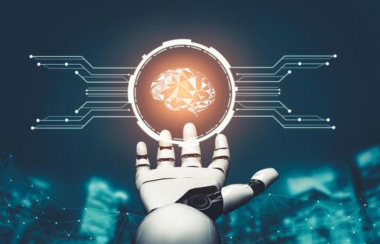 3D rendering futuristic droid robot technology development, artificial intelligence AI, and machine learning concept. Global robotic bionic science research for future of human life.