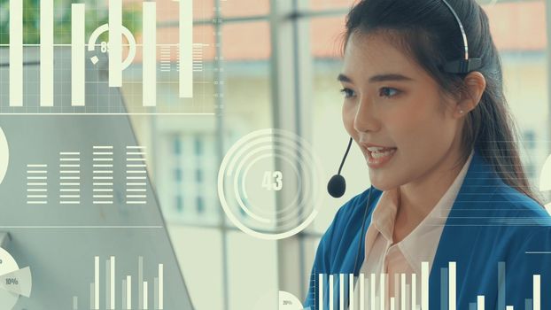 Customer support call center provide data with envisional graphic . Business and communication technology concept .
