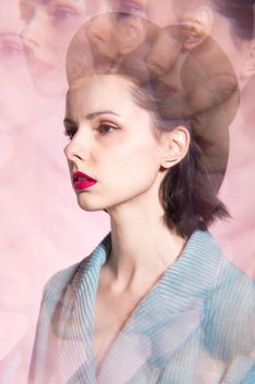 art portrait, woman with pink lipstick in black hat and corduroy jacket. High quality photo