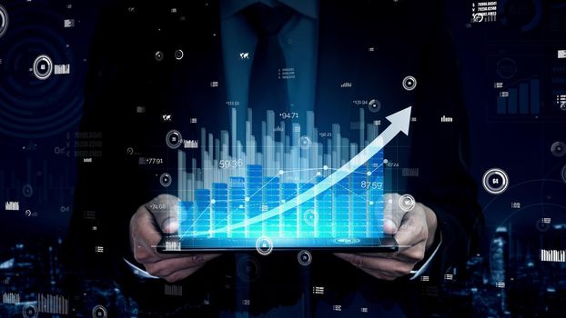 Double Exposure Image of Business and Finance conceptual - Businessman with report chart up forward to financial profit growth of stock market investment.
