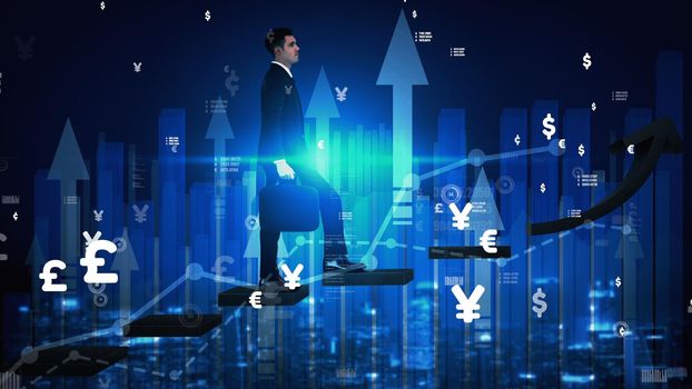 Double Exposure Image of Business and Finance conceptual - Businessman with report chart up forward to financial profit growth of stock market investment.