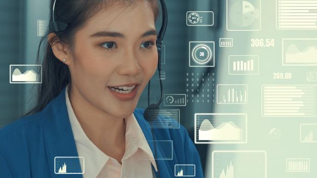 Customer support call center provide data with envisional graphic . Business and communication technology concept .