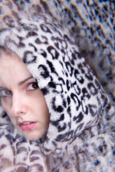 Art portrait, kaleidoscope. Woman in leopard hoodie. High quality photo