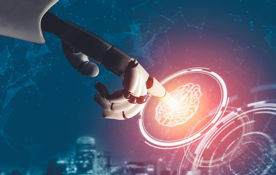 3D rendering futuristic droid robot technology development, artificial intelligence AI, and machine learning concept. Global robotic bionic science research for future of human life.