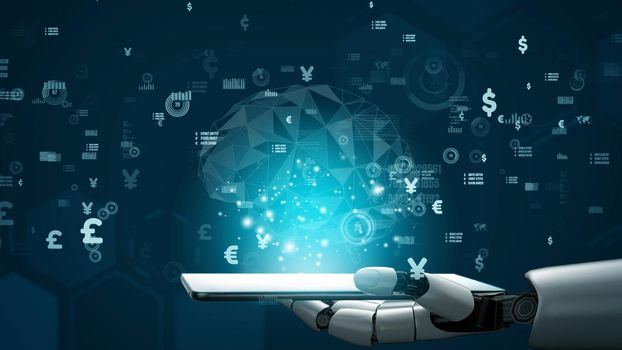 Futuristic robot artificial intelligence revolutionary AI technology development and machine learning concept. Global robotic bionic science research for future of human life. 3D rendering graphic.