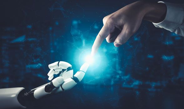 3D rendering artificial intelligence AI research of droid robot and cyborg development for future of people living. Digital data mining and machine learning technology design for computer brain.