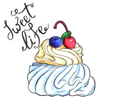 Sweet delicious meringue with whipped cream and blueberries and cherries. Drawn by hand with alcohol markers