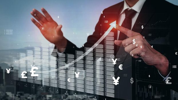 Double Exposure Image of Business and Finance conceptual - Businessman with report chart up forward to financial profit growth of stock market investment.