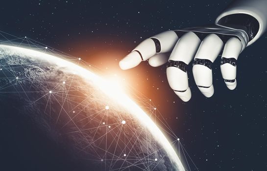 3D rendering futuristic droid robot technology development, artificial intelligence AI, and machine learning concept. Global robotic bionic science research for future of human life.