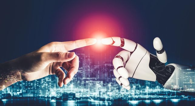 3D rendering futuristic droid robot technology development, artificial intelligence AI, and machine learning concept. Global robotic bionic science research for future of human life.