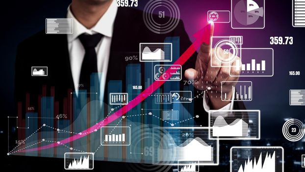 Double Exposure Image of Business and Finance conceptual - Businessman with report chart up forward to financial profit growth of stock market investment.