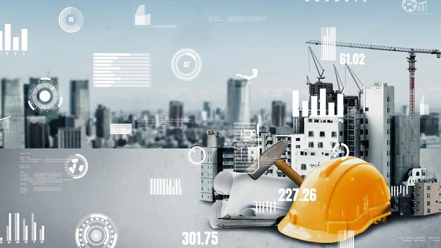 Innovative architecture and inventive civil engineering plan building construction project. Creative graphic design showing concept of infrastructure city building by architect, worker and engineer.