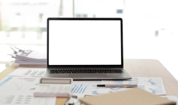 Laptop or notebook with blank screen on the floor service counter in the office.