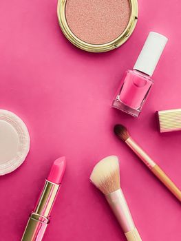 Beauty, make-up and cosmetics flatlay design with copyspace, cosmetic products and makeup tools on pink background, girly and feminine style concept