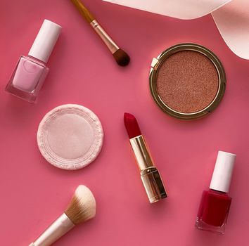Beauty, make-up and cosmetics flatlay design with copyspace, cosmetic products and makeup tools on pink background, girly and feminine style concept