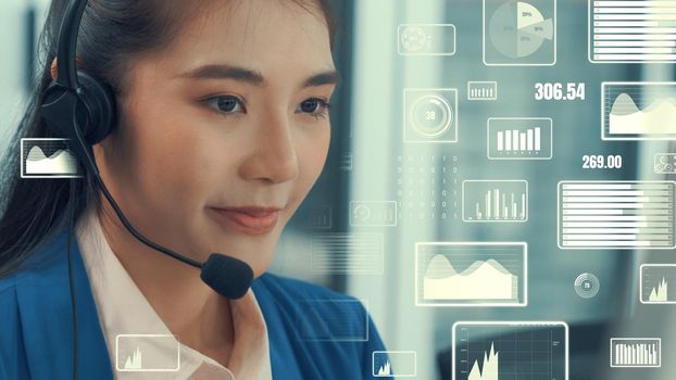 Customer support call center provide data with envisional graphic . Business and communication technology concept .