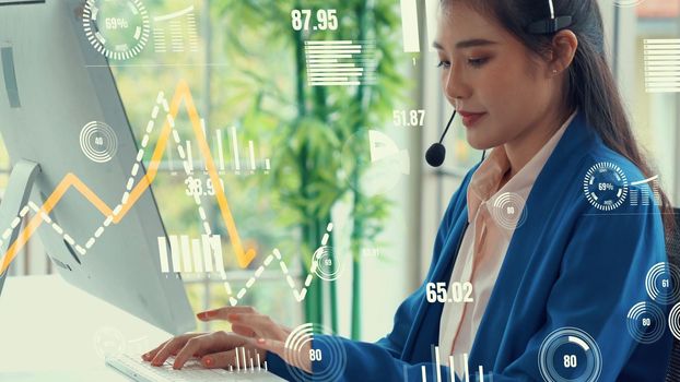 Customer support call center provide data with envisional graphic . Business and communication technology concept .