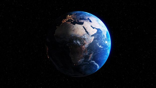 Planet earth with realistic geography surface and orbital 3D cloud atmosphere . Outer space view of world globe sphere of continents . 3D rendering graphic . Elements of this image furnished by NASA .