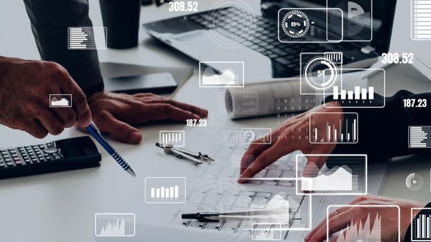 Conceptual vision of business people in corporate staff meeting . Concept of digital technology for marketing data analysis and investment decision making .