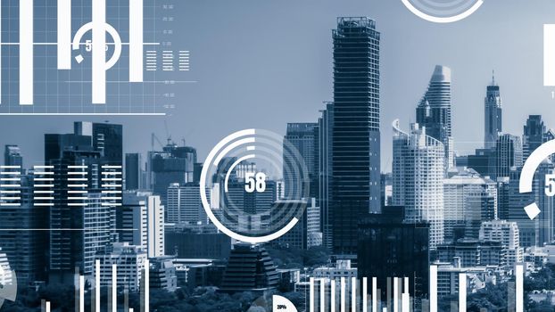 Business data analytic interface fly over smart city showing alteration future of business intelligence. Computer software and artificial intelligence are used to analyze big data for strategic plan .