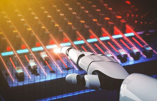 3D rendering droid robot disc jockey hand at dj mixer close up view in nightclub during party. EDM, entertainment, party concept.