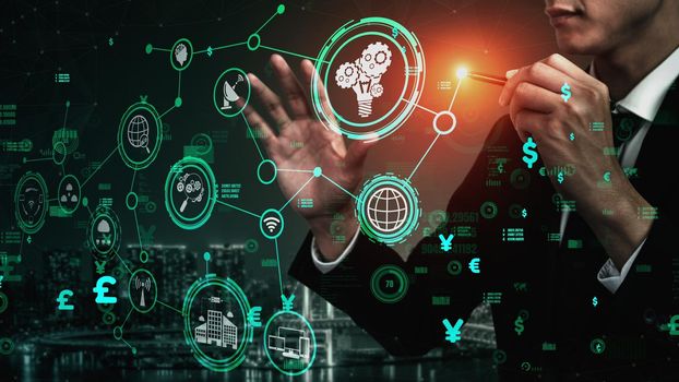 Innovation Technology for Business Finance conceptual. Modern graphic interface showing symbol of innovative ideas thinking, research and development study.