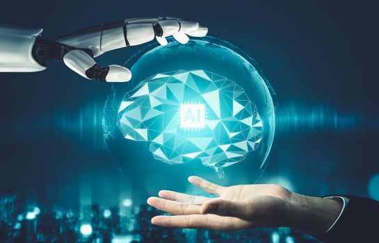 3D rendering futuristic droid robot technology development, artificial intelligence AI, and machine learning concept. Global robotic bionic science research for future of human life.