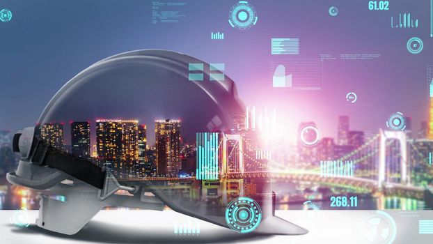 Future building construction and inventive engineering project concept with HUD hologram graphic design. Building engineer, architect people or construction worker works with modern civil technology.