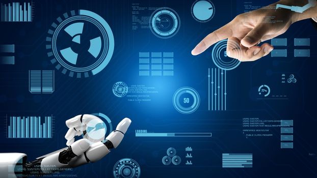 Futuristic robot artificial intelligence revolutionary AI technology development and machine learning concept. Global robotic bionic science research for future of human life. 3D rendering graphic.
