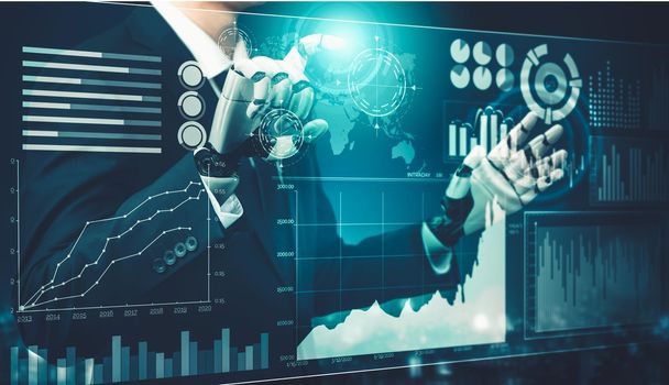 3D rendering futuristic droid robot technology development, artificial intelligence AI, and machine learning concept. Global robotic bionic science research for future of human life.