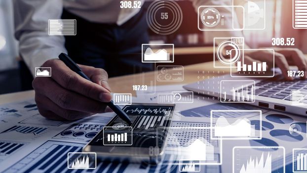 Conceptual business dashboard for financial data analysis . 3D render computer graphic .