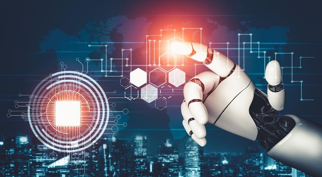 3D rendering futuristic droid robot technology development, artificial intelligence AI, and machine learning concept. Global robotic bionic science research for future of human life.