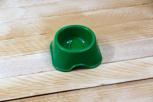 Empty green plastic feeder bowl for pets on a wooden background