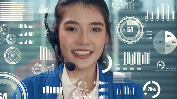 Customer support call center provide data with envisional graphic . Business and communication technology concept .