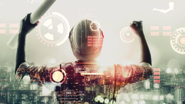 Future building construction and inventive engineering project concept with HUD hologram graphic design. Building engineer, architect people or construction worker works with modern civil technology.
