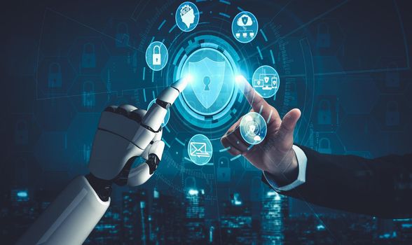 3D rendering artificial intelligence AI research of droid robot and cyborg development for future of people living. Digital data mining and machine learning technology design for computer brain.