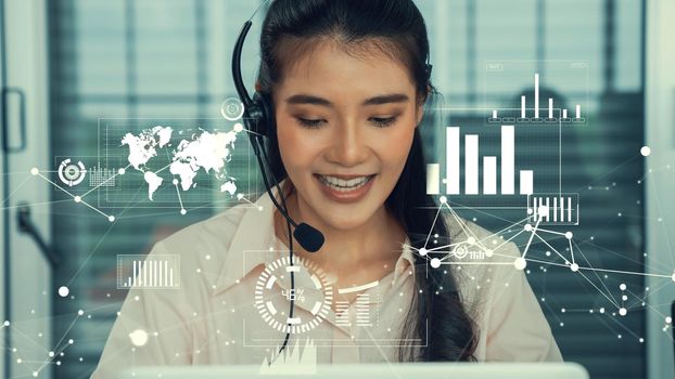 Customer support call center provide data with envisional graphic . Business and communication technology concept .
