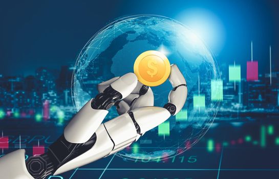 3D rendering futuristic droid robot technology development, artificial intelligence AI, and machine learning concept. Global robotic bionic science research for future of human life.