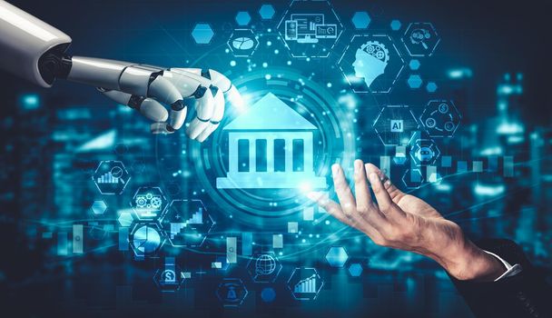 3D rendering artificial intelligence AI research of droid robot and cyborg development for future of people living. Digital data mining and machine learning technology design for computer brain.