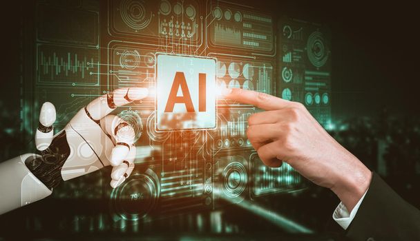 3D rendering artificial intelligence AI research of droid robot and cyborg development for future of people living. Digital data mining and machine learning technology design for computer brain.